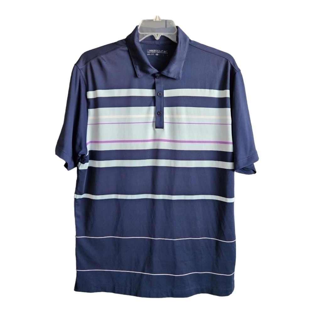 Nike Polo Shirt Mens Large Blue Purple Stripe Swoosh‎ Dri Fit Golf Golfer Casual